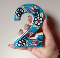 Large Ceramic House address number 2, Light Blue, 4.7inch Tall, Hand Decorated, House number signs, Door numbers, Housewarming gifts